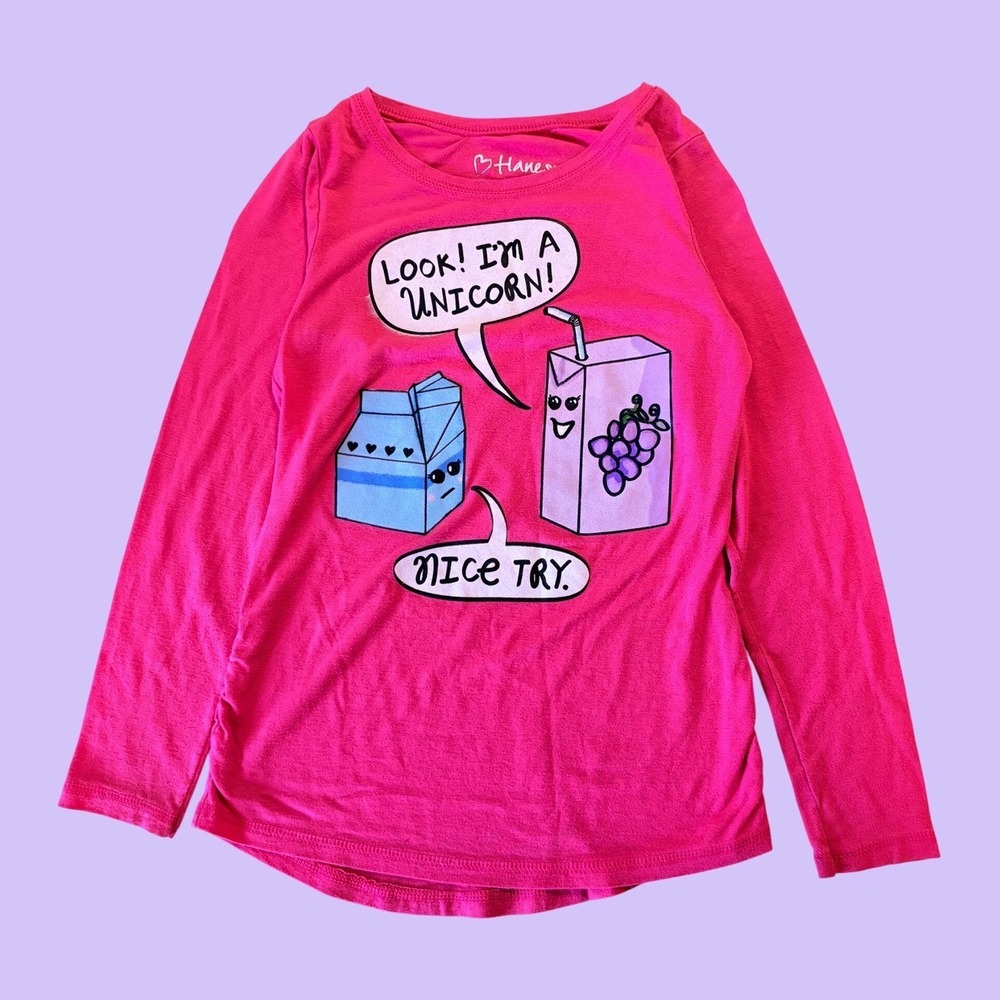 Hanes Pink Long Sleeve Graphic Tee Look I'm a Unicorn Humor Shirt Scene #17
